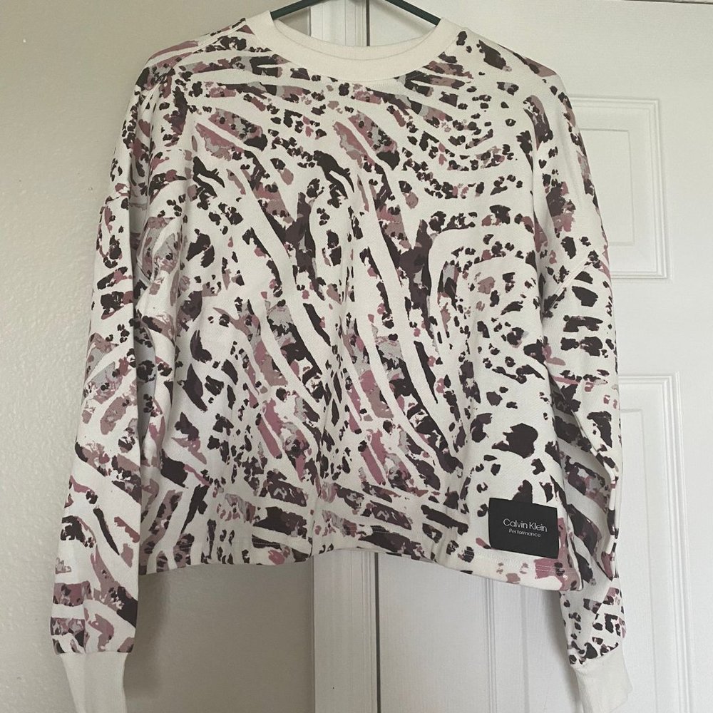 Calvin Klein Womens Sketchy Animal Mauve Printed Crop Pullover S